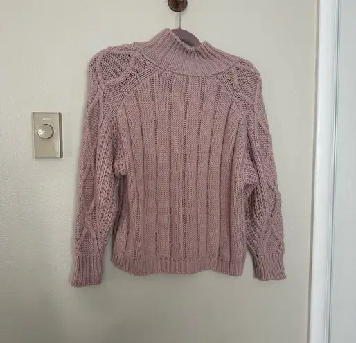Mauve Cable Knit Puffy Sleeve Sweater (XS) Pink