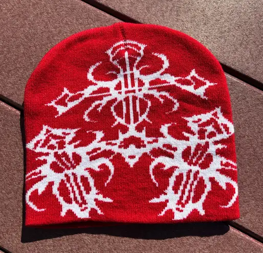 Beanie Red Tribal Cross Y2K Goth Punk Alt Streetwear