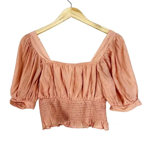 By The River Crop Top Womens L Peach Puff Sleeve Cropped Cottagecore Peasant Orange Size L