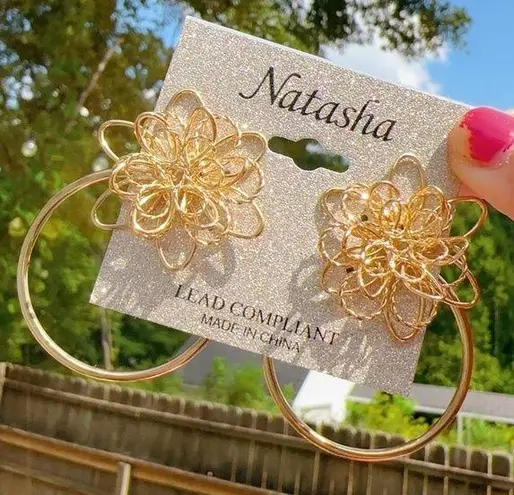 Natasha gold tone flower circle loop two sides earrings