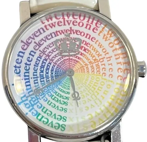 Juicy Couture  Watch Rainbow Number Face Silver “J” Charm White Leather Strap