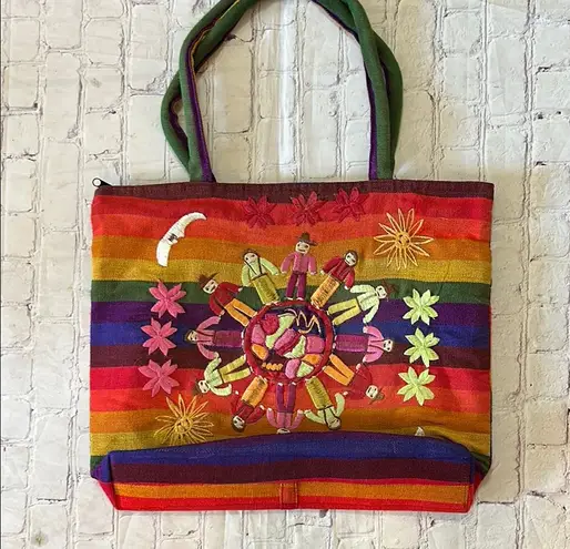 Colorful Embroidered Large Rainbow People Zipper Tote Bag Unbranded NEW Red