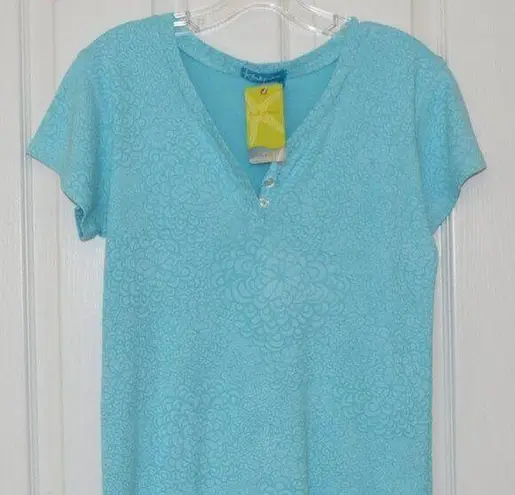 Fresh Produce NWT ABSTRACT FLOWER BABY RIB, CLEAR WATER AQUA TOP, SIZE MEDIUM