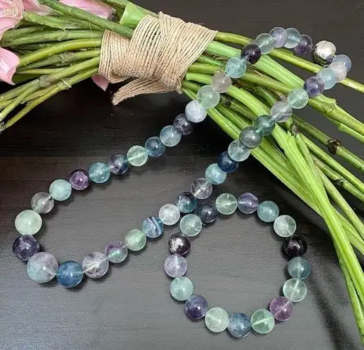 Genuine Rainbow Flourite Natural Crystal Stone Beaded Necklace & Bracelet Set