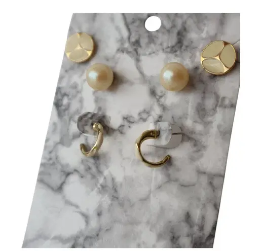 Gold Tone & Pearl Stud Earrings Set Of 3 On Marble Card White