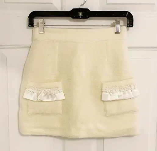 Japanese Kawaii Y2K Cream Ivory Fluffy Ruffle Lace Pockets Mini Skirt White Size XS