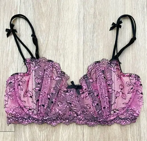 Victoria's Secret Victoria’s Secret Vintage Y2K Pink Black Bow Floral Lace Balconette Bustier Bra