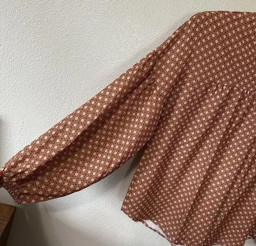 Three Bird Nest Size XL Boho Long Balloon Sleeve Blouse Cottagecore Brown Print