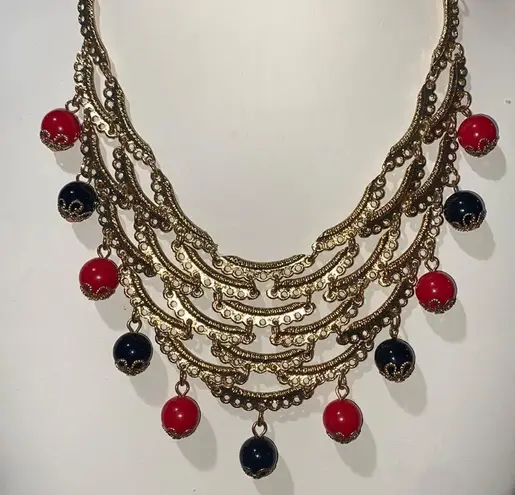 NWT Golden Layered Bib Necklace with Red & Black Beaded Accents Red