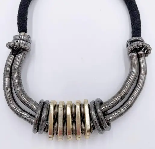 Vintage Metal Loop Black Cord Rope Statement Necklace Chunky Steampunk Brutalist