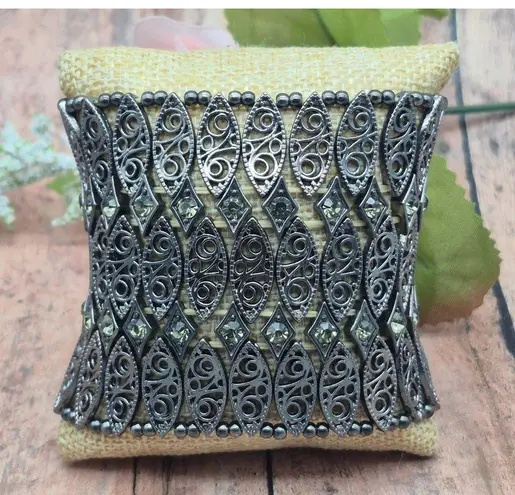 None Wide Stretch Bracelet Black Gun Metal Statement Filigree & Rhinestones One Size