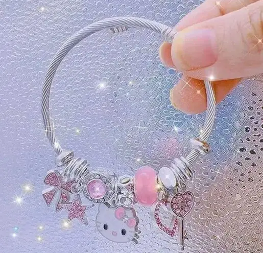 Hello Inspired Kitty Charm Bangle Bracelet Pink