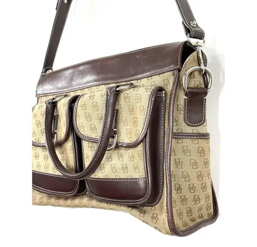 Dooney & Bourke Brown Tan DB Double Pocket Tote Satchel Purse Removable Strap