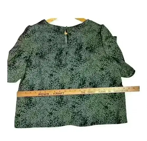 Ophelia Roe Blouse L green black animal print 1 button back Rouched Puff Sleeve
