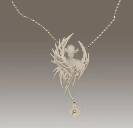 Gothic Siren Necklace Fantasy Angel Pendant Pearl Chain Art Jewelry Poleward Silver