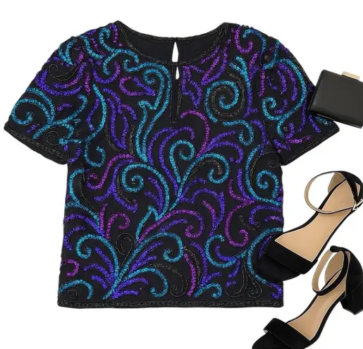 Laurence Kazar XL Silk Sequin Beaded Top Black Purple Teal Vintage Short Sleeve