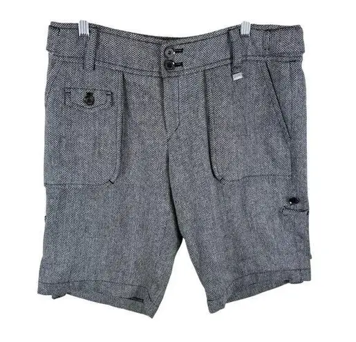 MNG Black Cream Chevron Tweed Mid Rise Bermuda Length Roll Tab Shorts Size 10