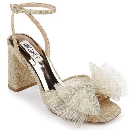 Badgley Mischka Tess Tulle Bow Block Heel Sandals in Gold Size 11 New in Box