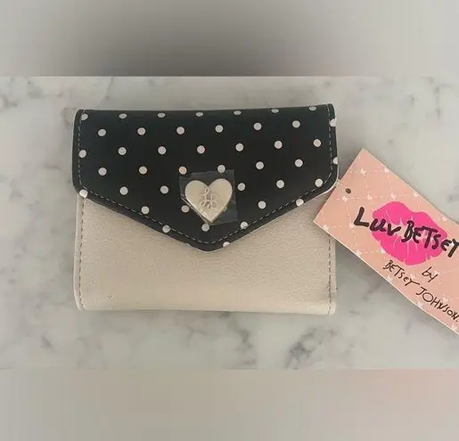 New Luv Betsey Polka Dots Beige / Black CCs Photo ID Flap Over Wallet Rare!