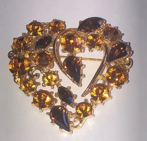 M. Jent Vintage Gold Tone and Amber Heart Brooch