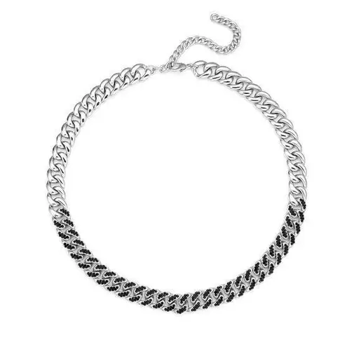 Black Austrian Crystal Curb Link Chain Necklace Silver