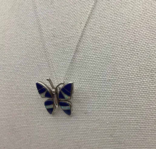 Sterling Silver Vintage Butterfly Navy blue Opal Pendant Matinee New ItalyChain