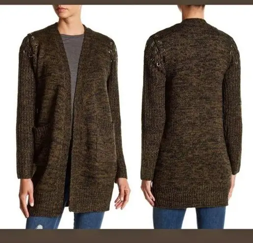 John + Jenn women's lace up open shoulder soft stretchy knit pocketed cardigan