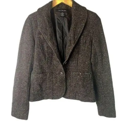 Calvin Klein Jeans ‎ Fitted Brown Tweed Wool Blend Jacket Size Small