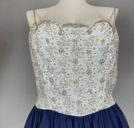 Vintage 1970s Beaded Dress Silk Couture Jacket Lace Elegant Navy White Scalloped Size 14