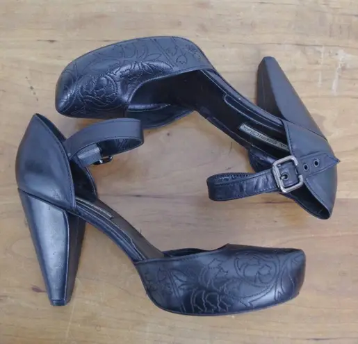 via spiga Italian Made Black Leather Pattern Stitched Ankle Strap Heels 7.5M