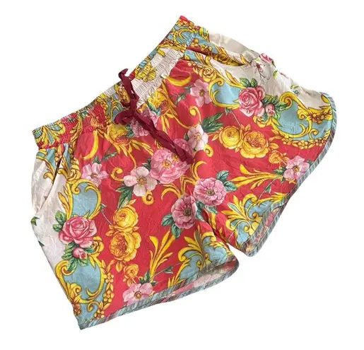 🌸 Aratta Boho Baroque Floral Drawstring Shorts | Size Small Red