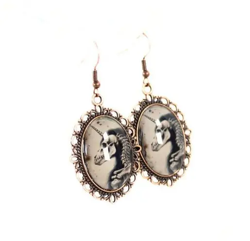Handmade Gothic Victorian "Ethereal Bones" Gothic Skeleton Unicorn Cameo Earrings
