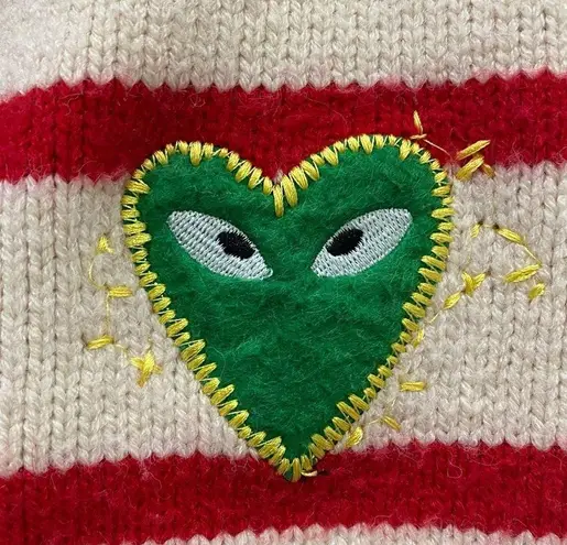 Striped Thick Knit Heart Patch 3/4 Sleeve Cropped Cardigan Sweater Red