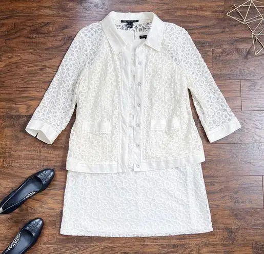 Yansi Fugel • lace dress & jacket set sleeveless shift snap front cotton cream Size L