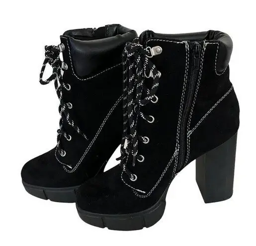 Soda Black Lace Boots Vegan Suede Zipper White Stitching Size 8