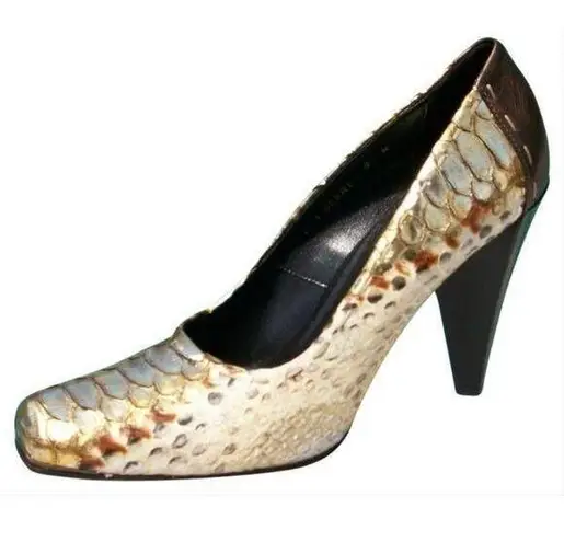 Donald Pliner Couture Hand Painted Metallic Python Leather Pump Shoe New $595 Gold Size 7.5