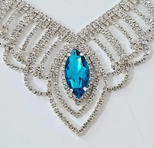 Blue Topaz Crystal Bridal Prom Necklace Set Silver