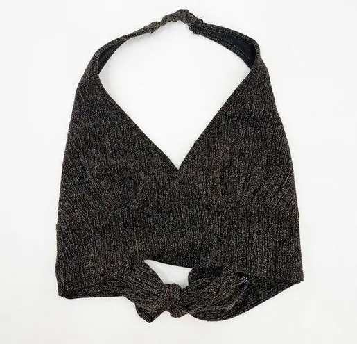 ORIGINALITY Halter Top Cropped Size Small Metallic Lurex Tie Back Boho Festival Black