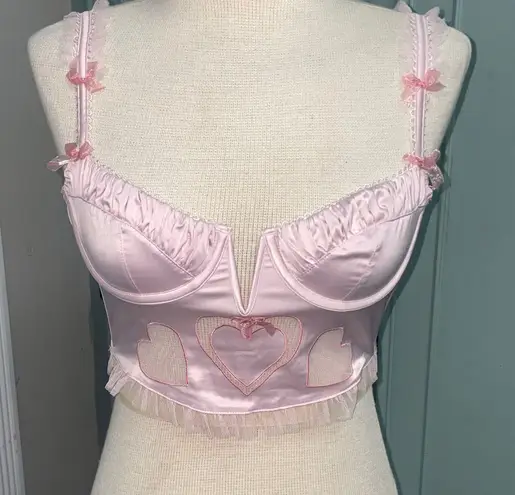 For Love & Lemons Embroidered Hearts Bustier Bra Pink XS NEW NWT Ruffle Bows