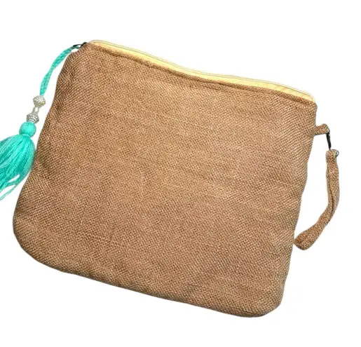 Ranee’s Bohemian Teal and Tan jute Clutch with Pom Pom Blue