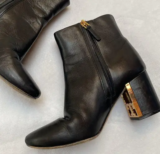 Tory Burch  black leather gold hardware trim Gigi ankle boots