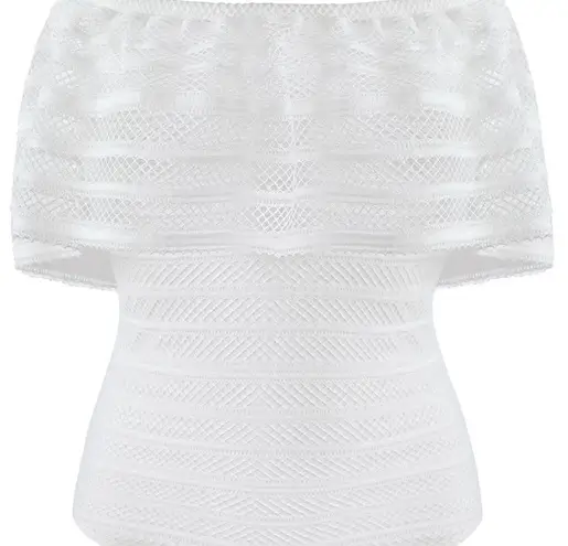 BCBGMAXAZRIA  Ruffled Striped-Lace Bodysuit Off-The Shoulders White Size S NEW