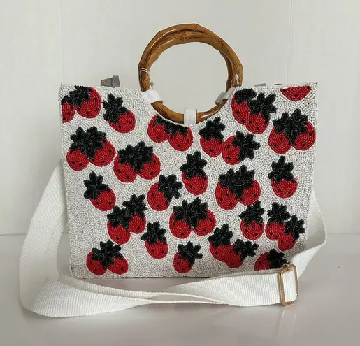 SOL + MER NWT Strawberry Beaded Viral Purse Handbag w Bamboo Handles White Strap