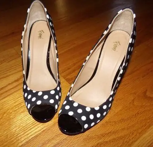 Fioni  black and white polka dot peep toe stiletto heels size 7 1/2 M 4 inch heel