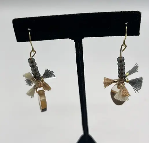 Gold Tone Beaded Tassels and Earth Tone Charm Drop Boho 2” Earrings