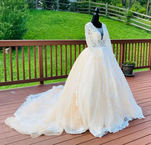 Custom Made Wedding Dress princess long train lace Embroidered Long Sleeve Light Weight