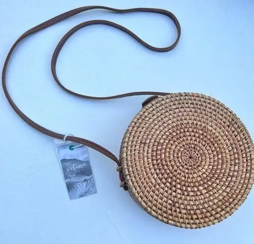 Wicker Brown Round Canteen Style Genuine Leather Strap Boho Style Bag NWT