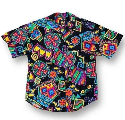 Vintage British Isles Shirt Black Rainbow Floral Abstract Art To Wear Button Up Black Size 10