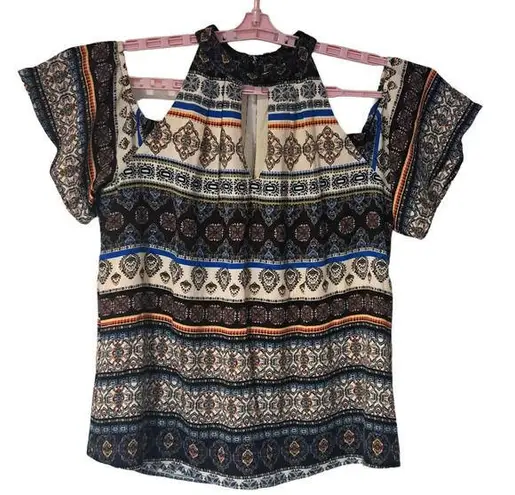 Lily Black Tunic Short Flutter Sleeves Cut out Shoulder Multi Paisley Sz M Size M