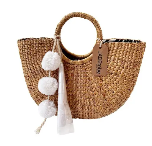 JADEtribe Aloha Woven Basket Bag with White Tassel and Pom Poms NWT Tan